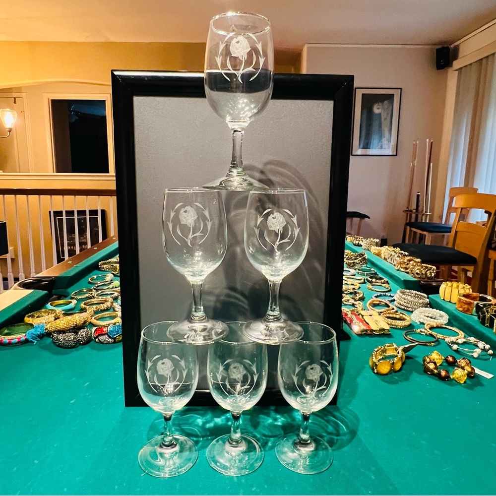 Wine Glass Set of 6 Clear glass with beautiful Rose Etching Design 6oz